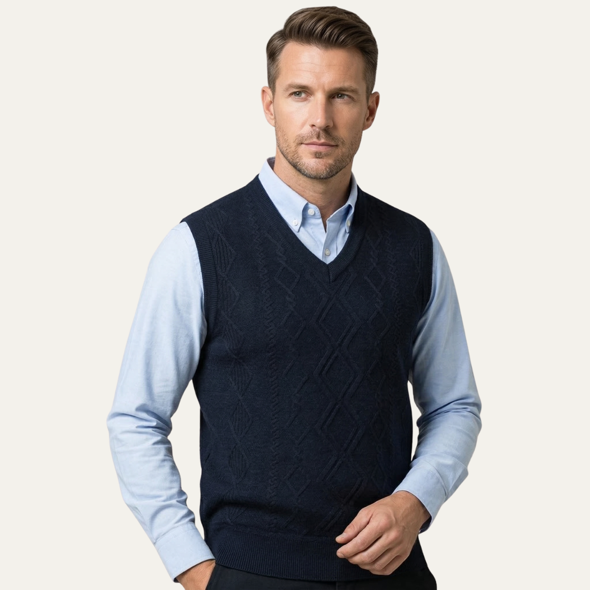 Landon | Men's Cable Knit V Neck Sweater Vest Navy