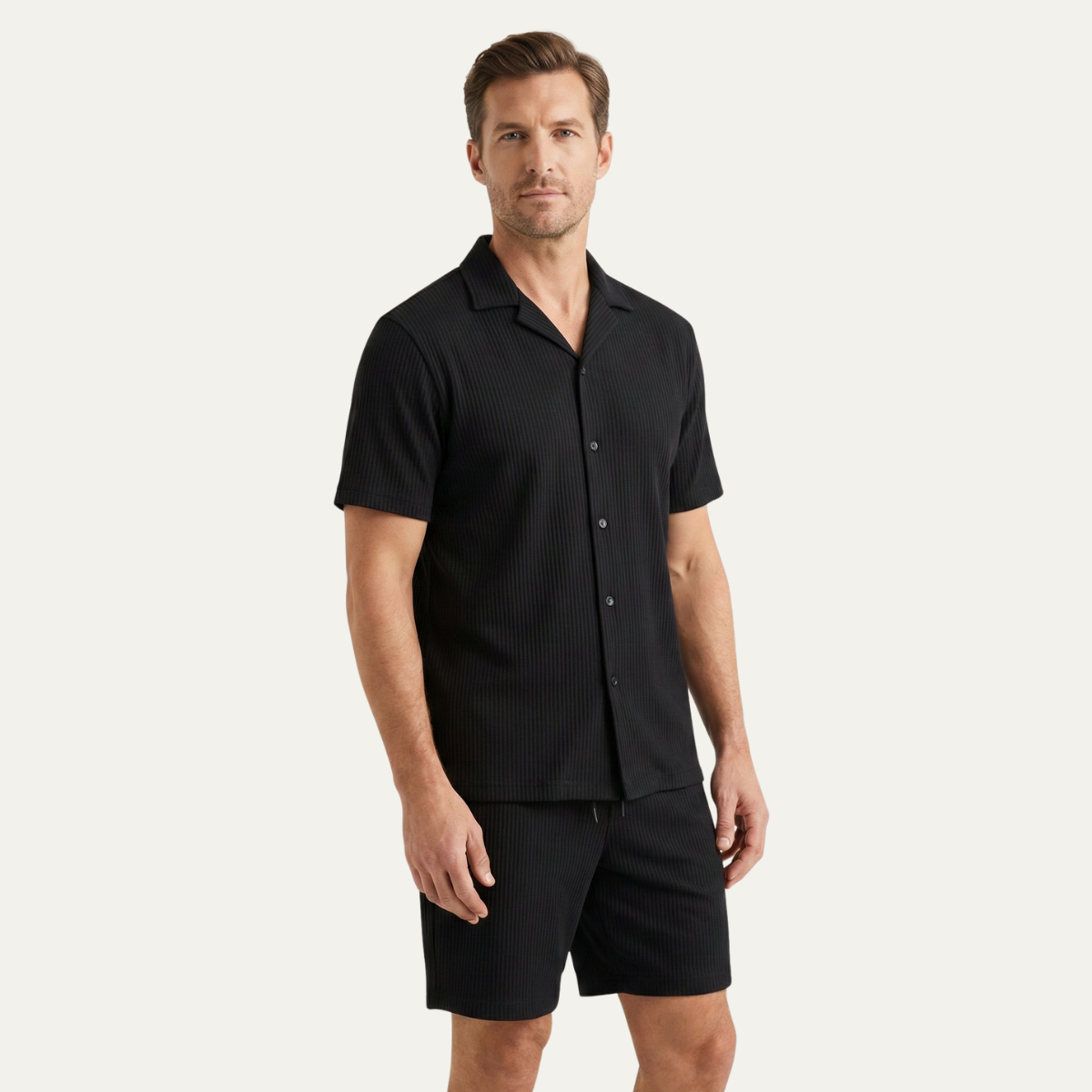 Voss | Men's Lounge Set Black Ribbed Short Sleeve Shirt Shorts