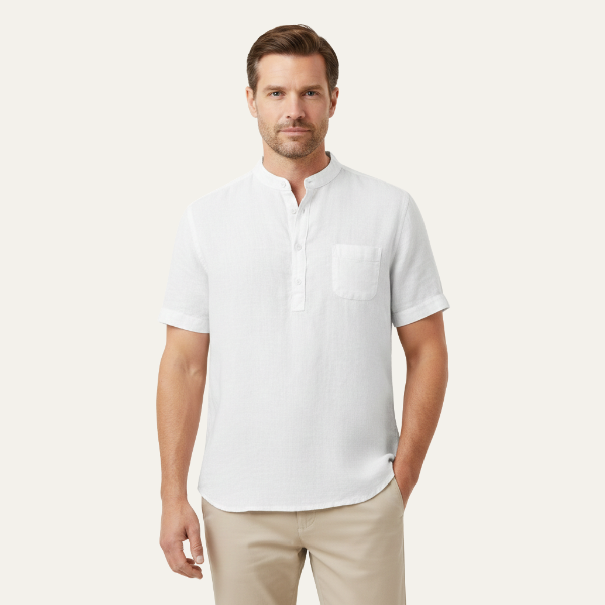 Ezra | Men's Linen Henley Shirt Cream Short Sleeve