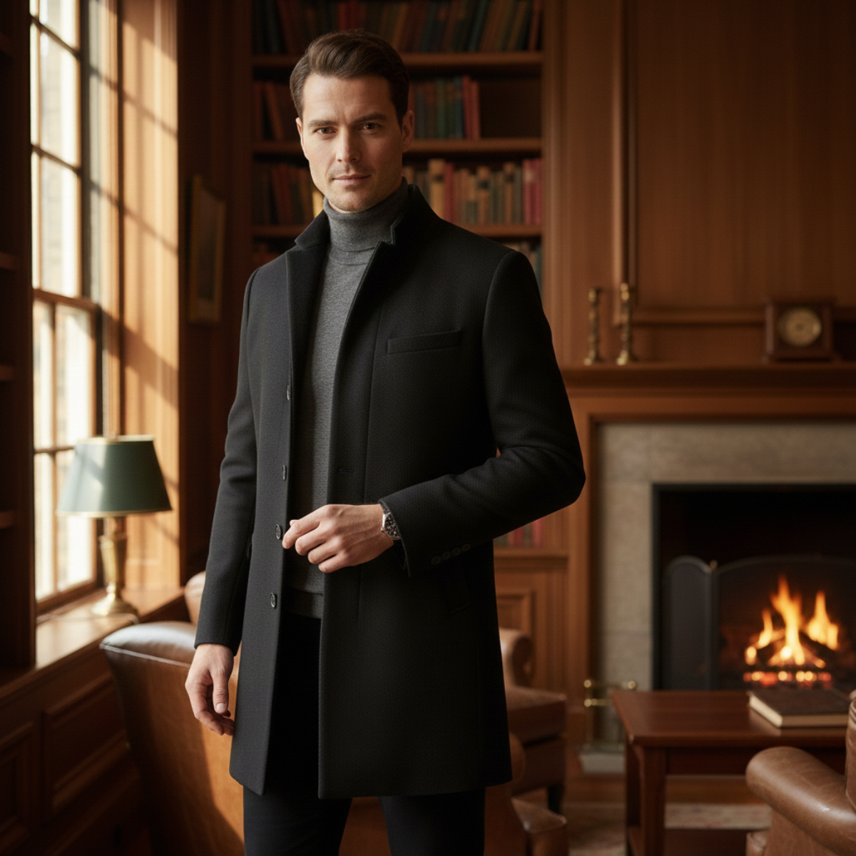 Voss | Men's Navy Wool Overcoat Button Front