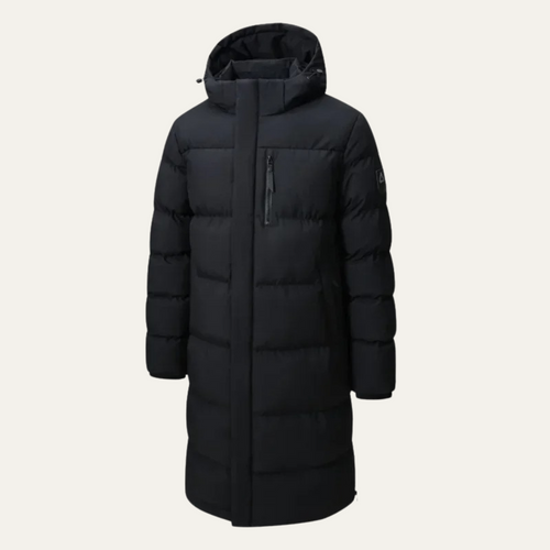 Dama Washington Ashton men's puffer coat black longline hooded - front view