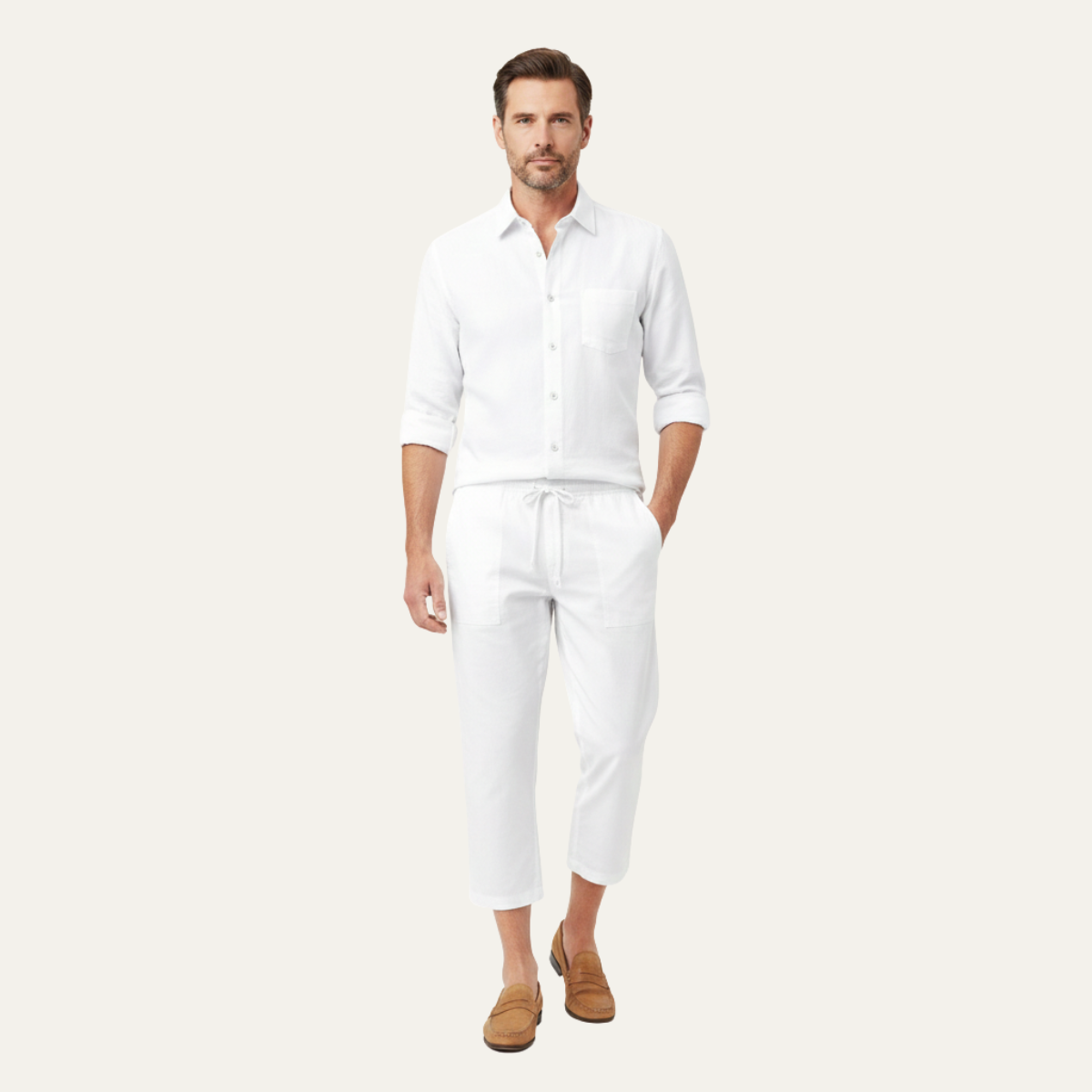 Axel | Men's Linen Set White Button Up Shirt Cropped Pants