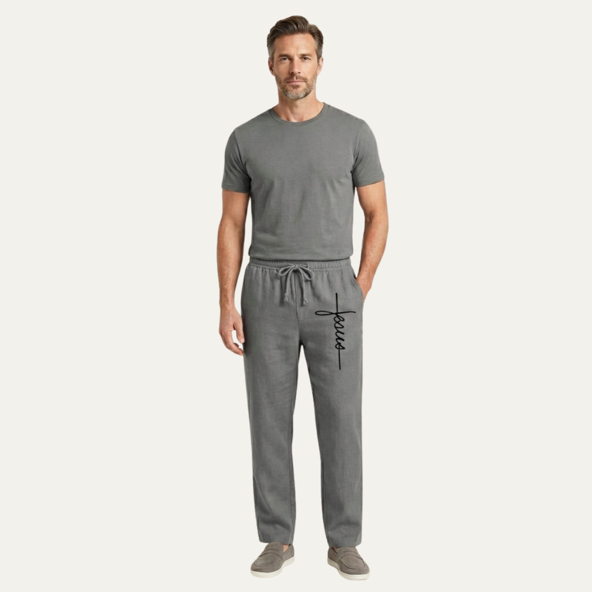 Otto | Men's Casual Linen Pants Gray Drawstring Wide Leg