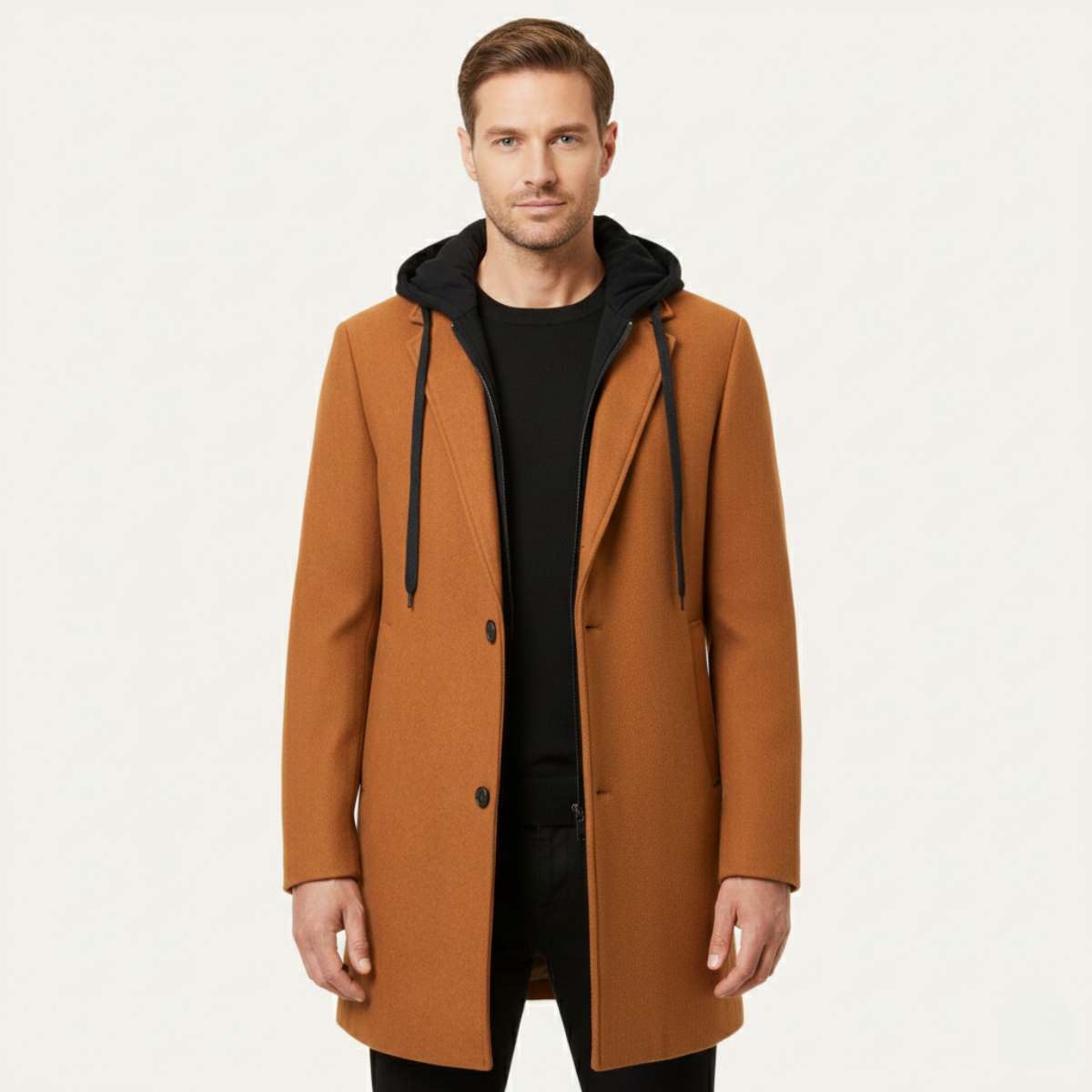 Bram | Men's Wool Overcoat Caramel Hooded Quilted Lining