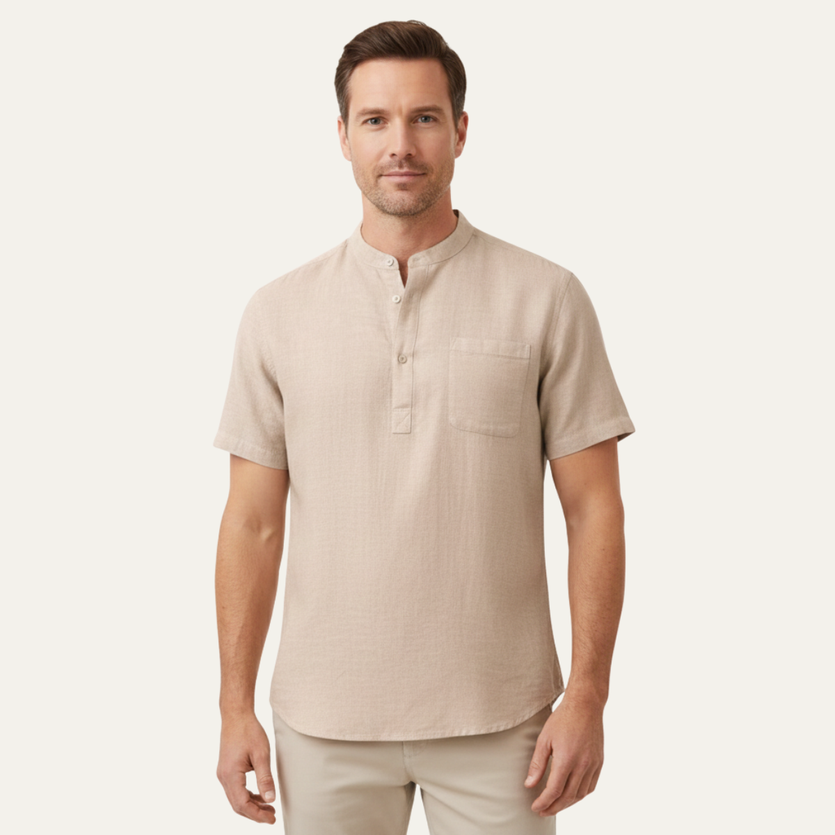 Callum | Men's Casual Linen Henley Black Short Sleeve
