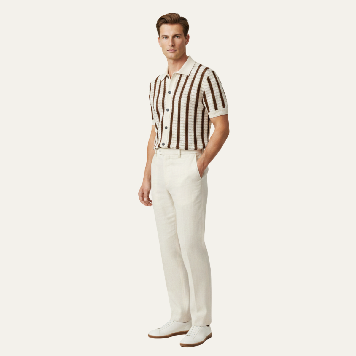Orrin | Men's Striped Knit Polo Shirt Cream Black Short Sleeve