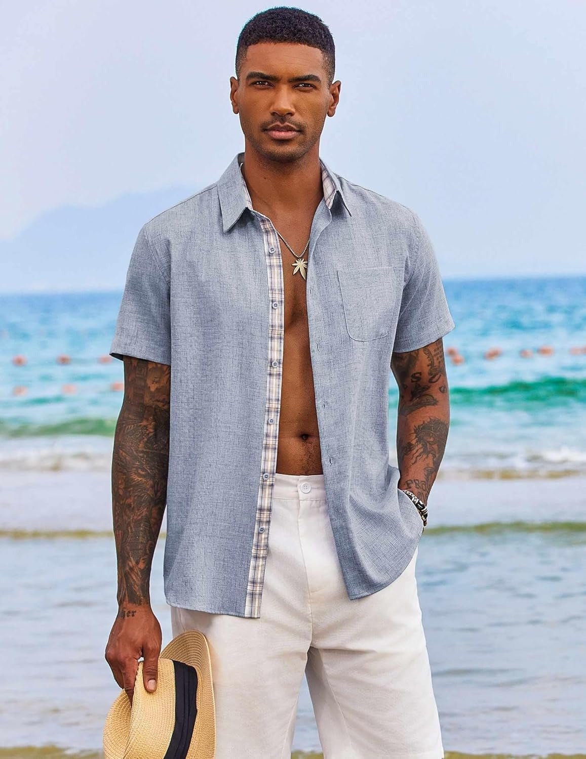 Demi | Men's Linen Shirt Light Blue Short Sleeve Button Down