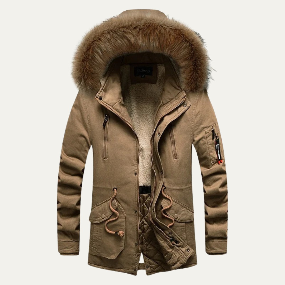 Hale | Men's Long Down Puffer Jacket Beige Fur Hood