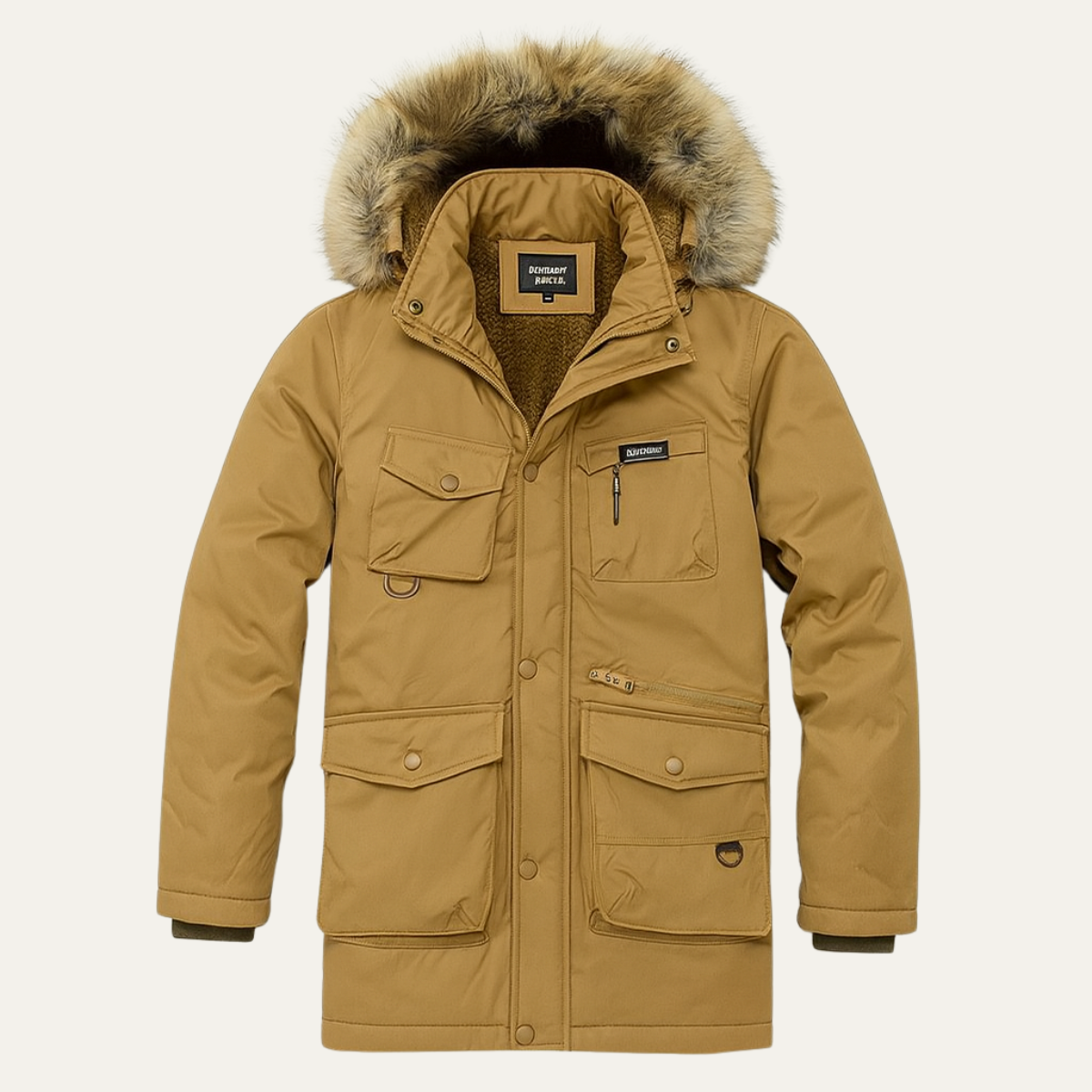 Rowan | Men's Puffer Coat Tan Faux Fur Hood Multiple Pocket
