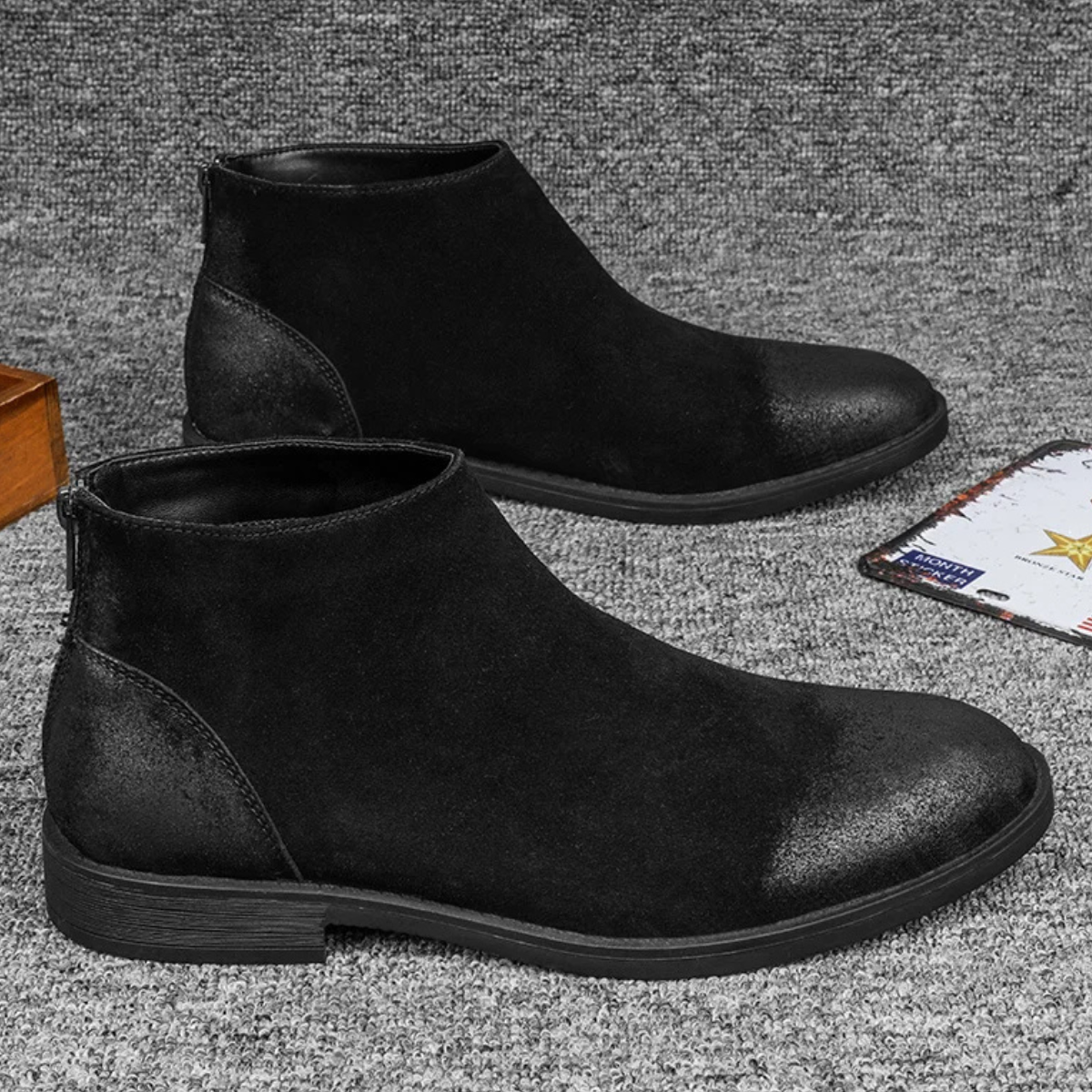 Axel | Men's Suede Leather Ankle Boots Black Zip Up