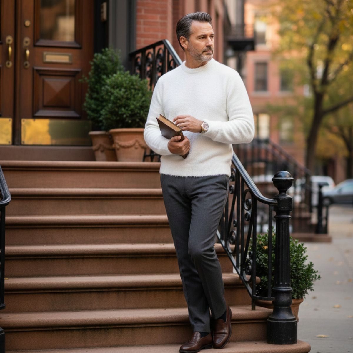 Alma | Men's Crew Neck Sweater White Cashmere Knit