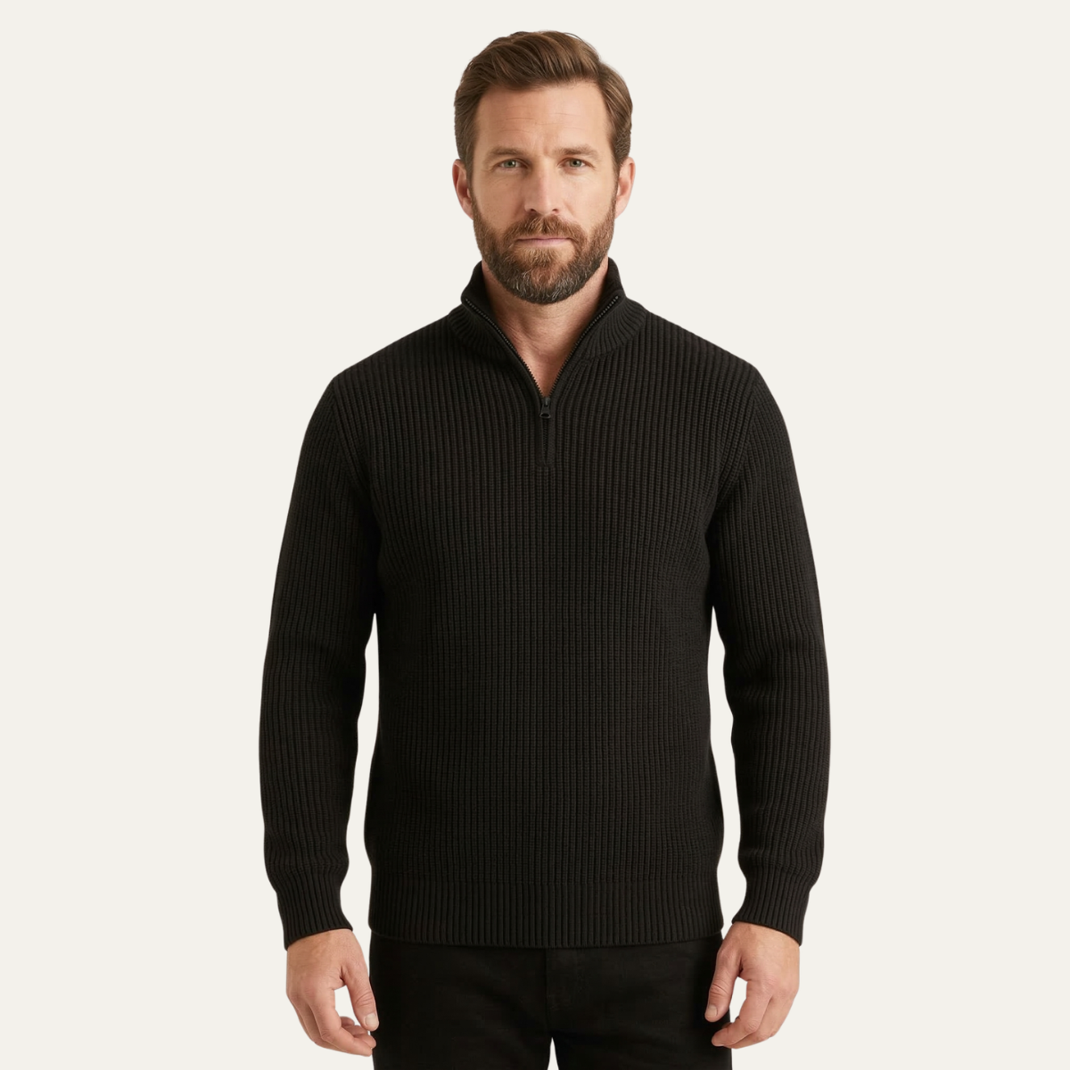 Bram | Men's Quarter Zip Sweater Black Ribbed Knit