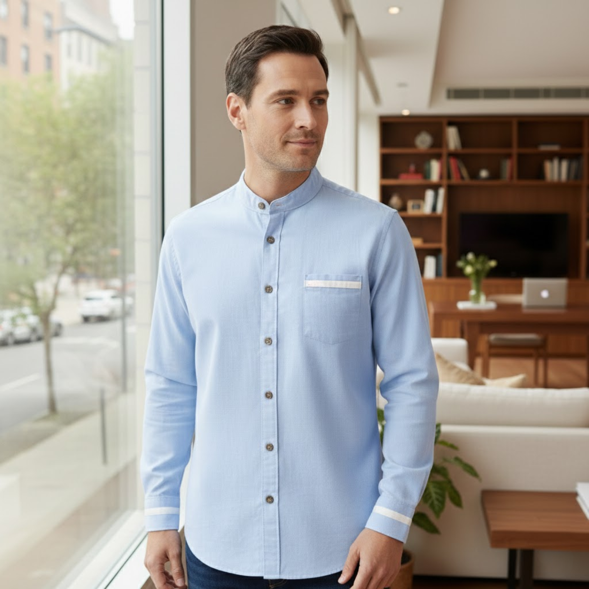Tate | Men's Button Up Shirt Light Blue Mandarin Collar