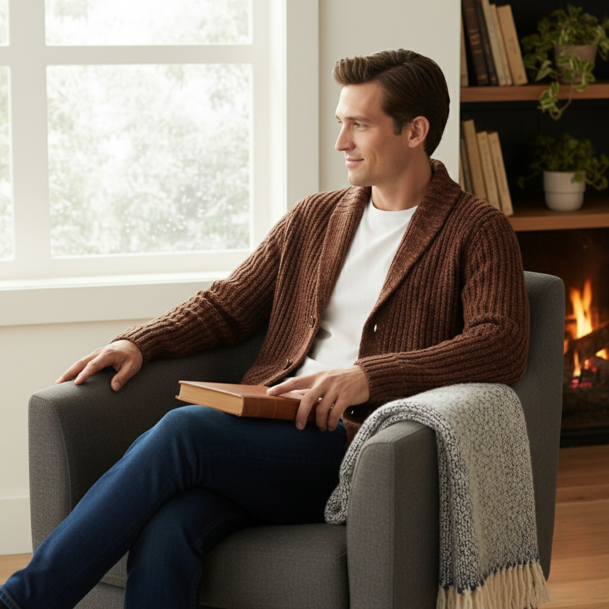 Lex | Men's Chunky Cable Knit Cardigan Burgundy Shawl Collar