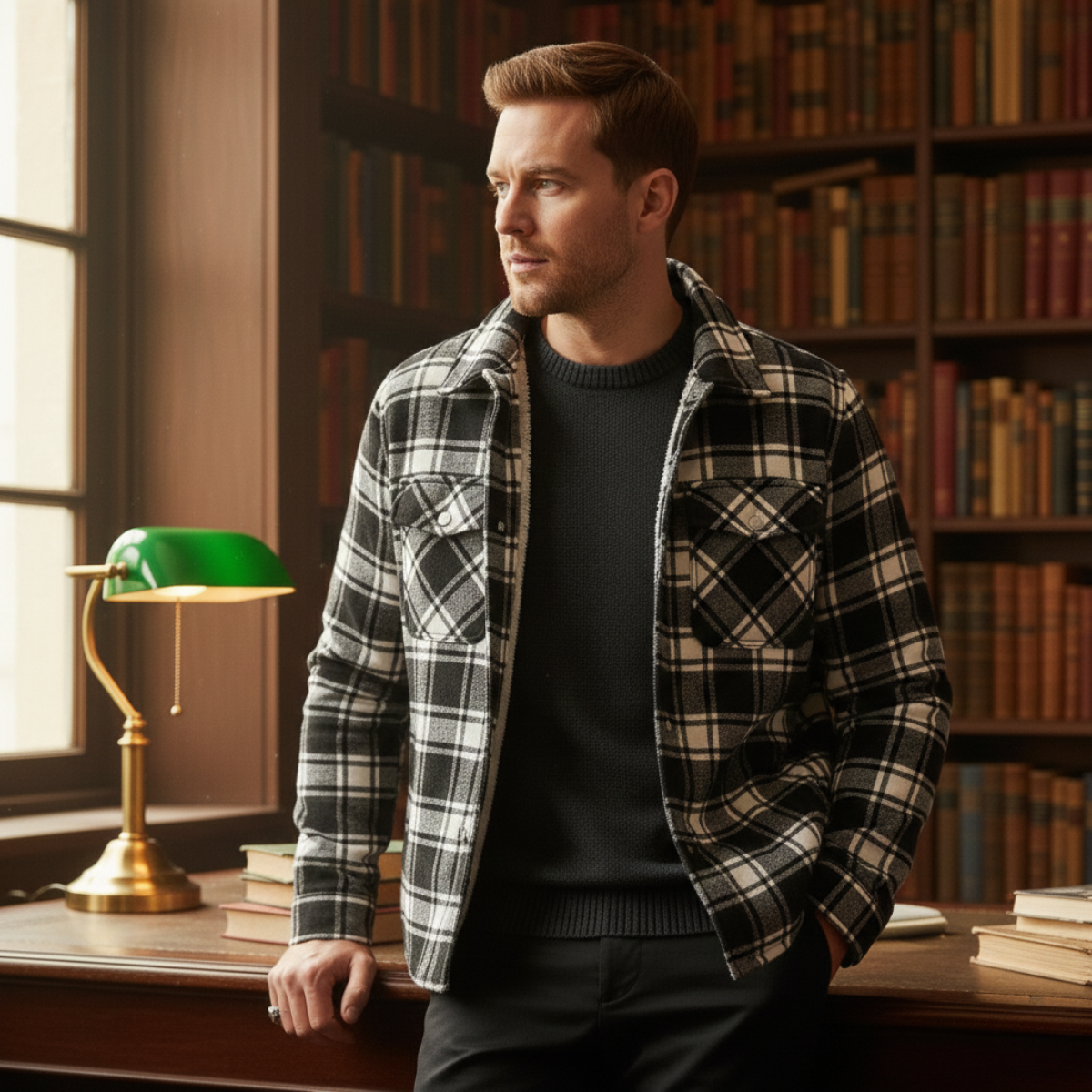 Bram | Men's Flannel Shirt Black White Plaid Long Sleeve Button Up
