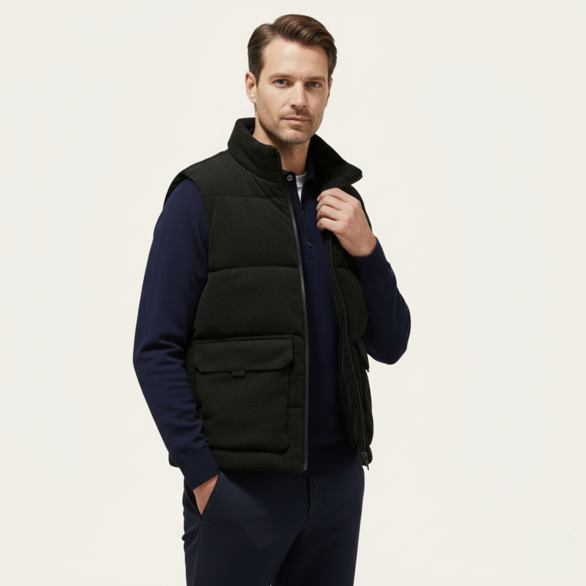 Bram | Men's Corduroy Puffer Vest Tan Sherpa Lined