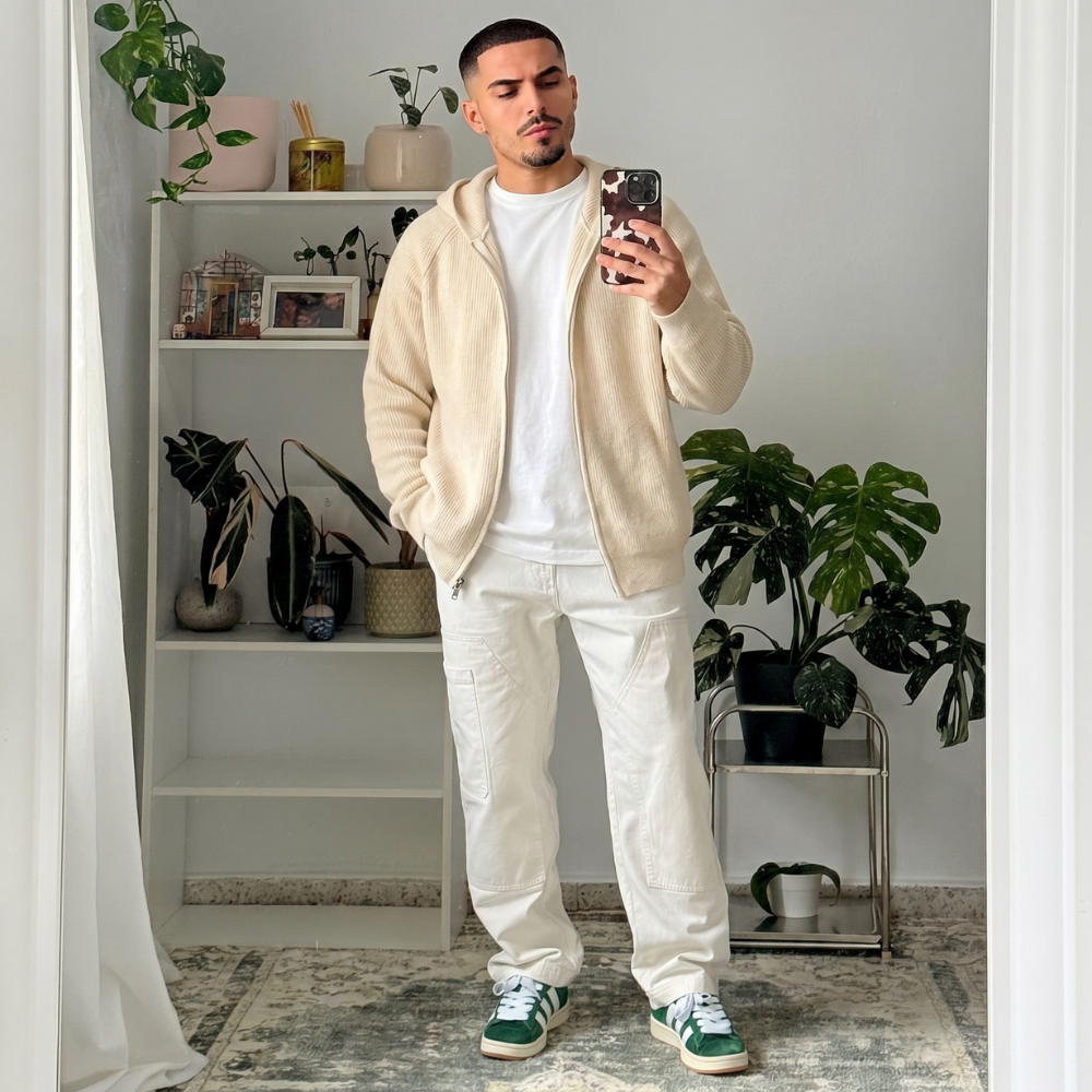 Sage | Men's Zip Up Hoodie Cream Ribbed Knit