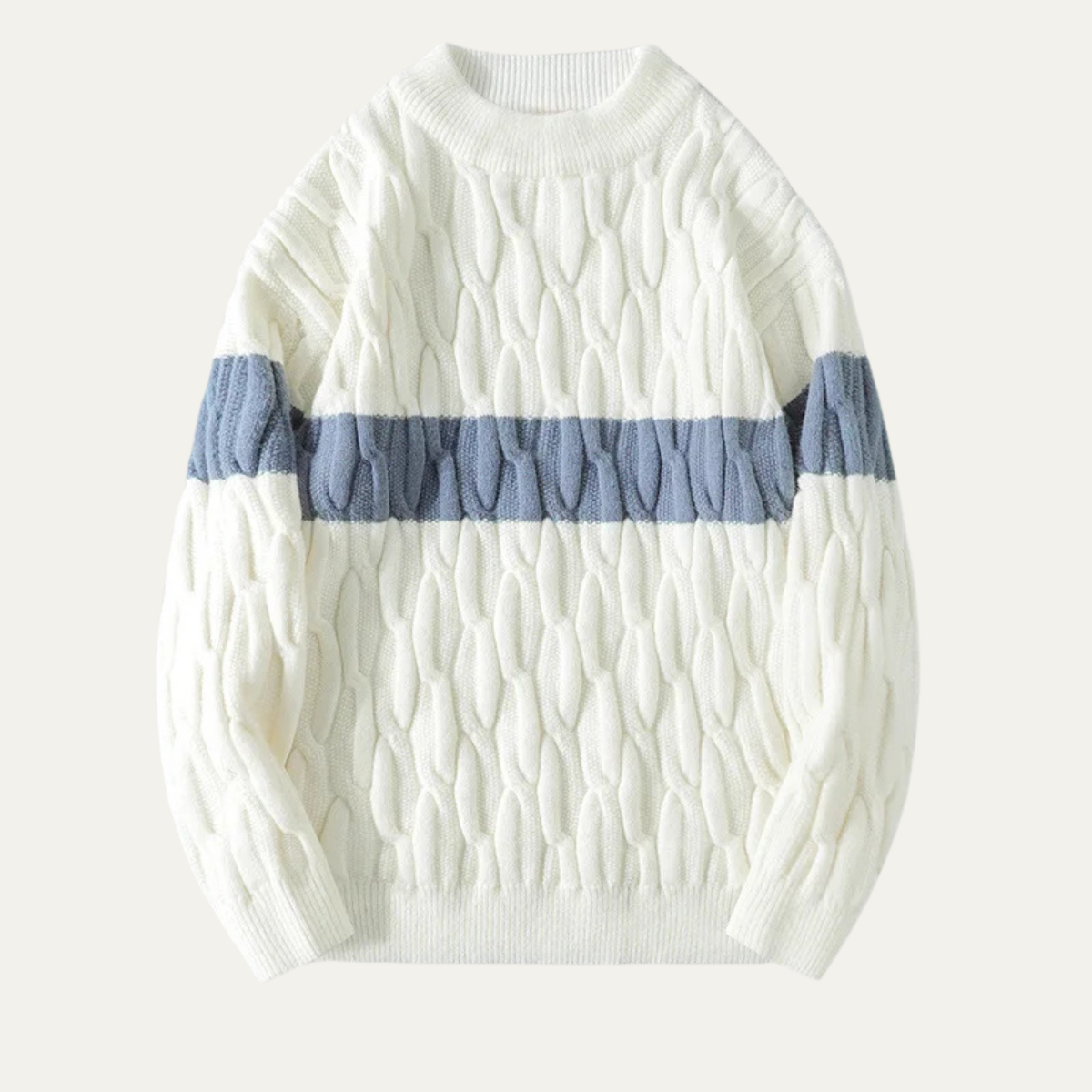 Beau | Men's Cable Knit Sweater Cream Blue Colorblock Stripe
