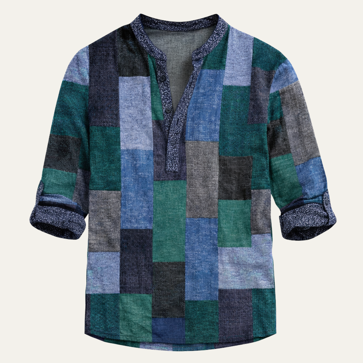 Axel | Men's Patchwork Casual Button Up Shirt Blue Green Black