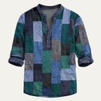 Dama Washington Axel men's patchwork casual button up shirt blue green black - view 5