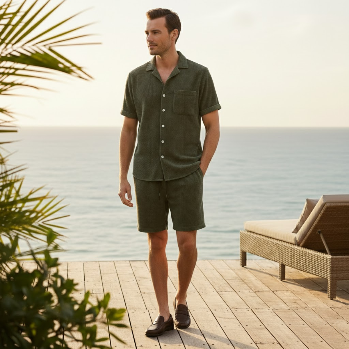 Ash | Men's Lounge Set Olive Green Short Sleeve Shirt Shorts