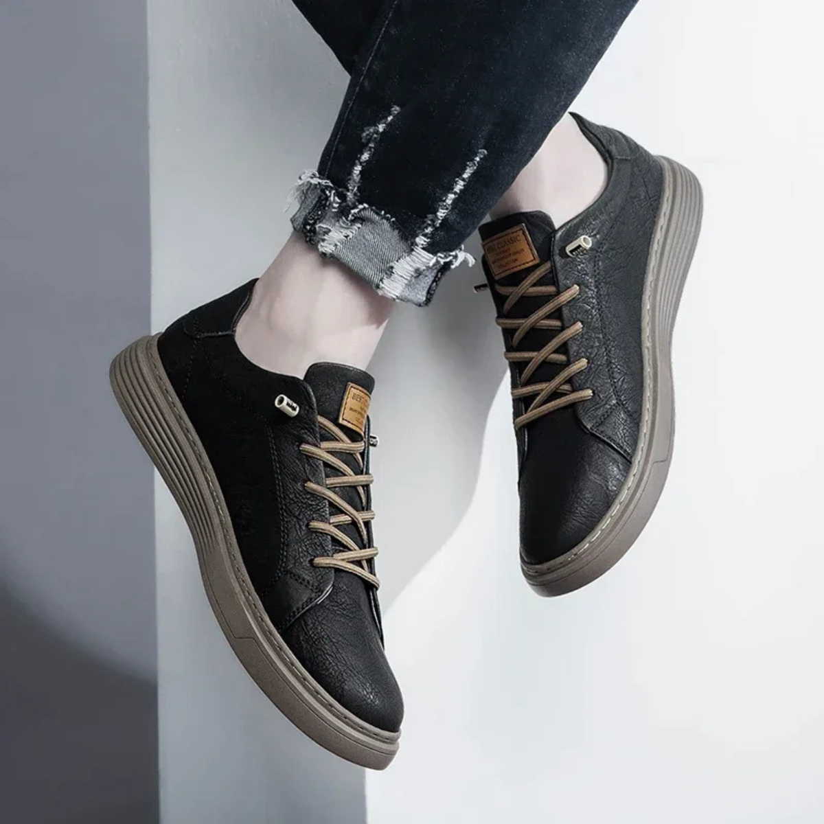 Kai | Men's Casual Leather Sneaker Black Cream Sole