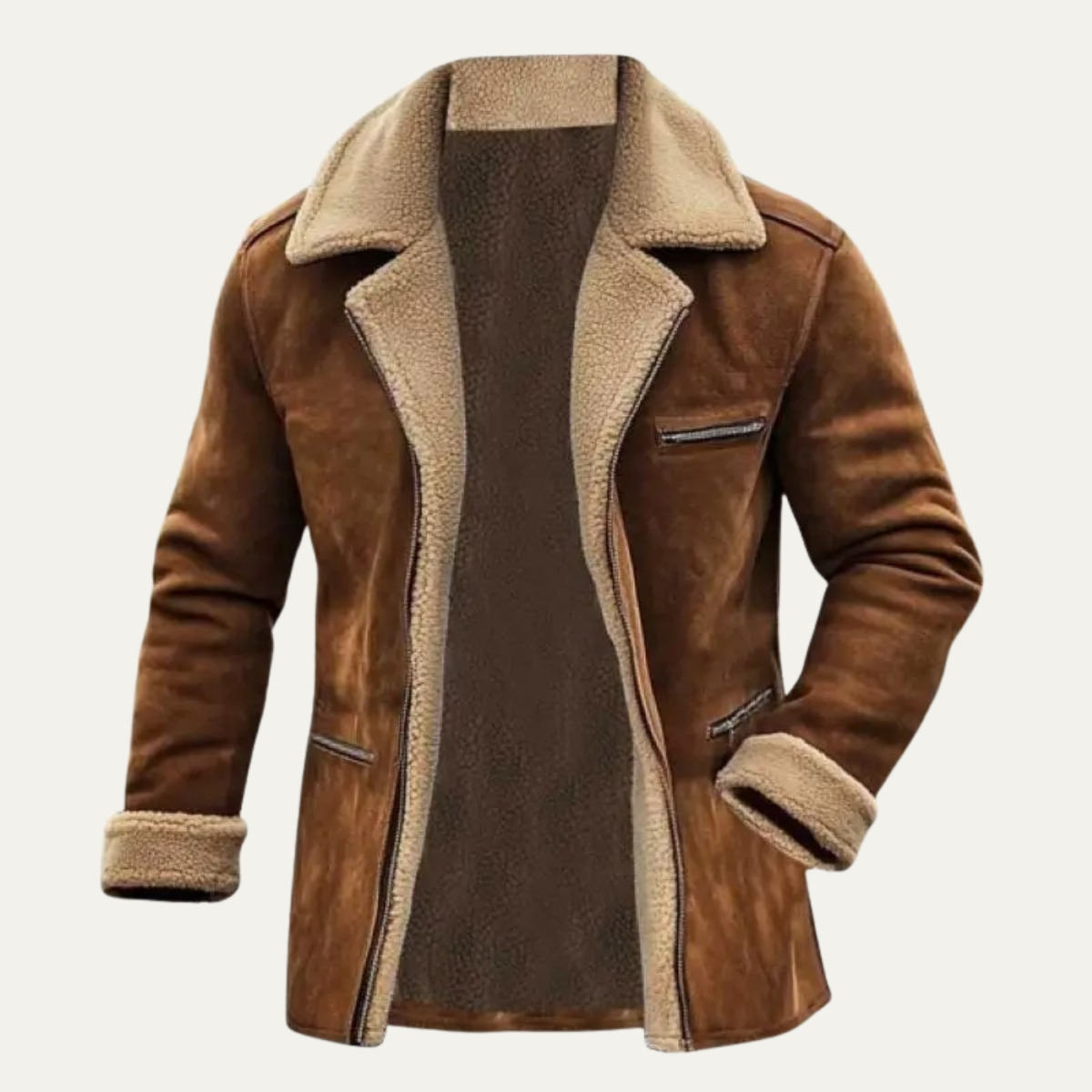 Flint | Men's Sherpa Lined Suede Jacket Brown Zipper Pockets