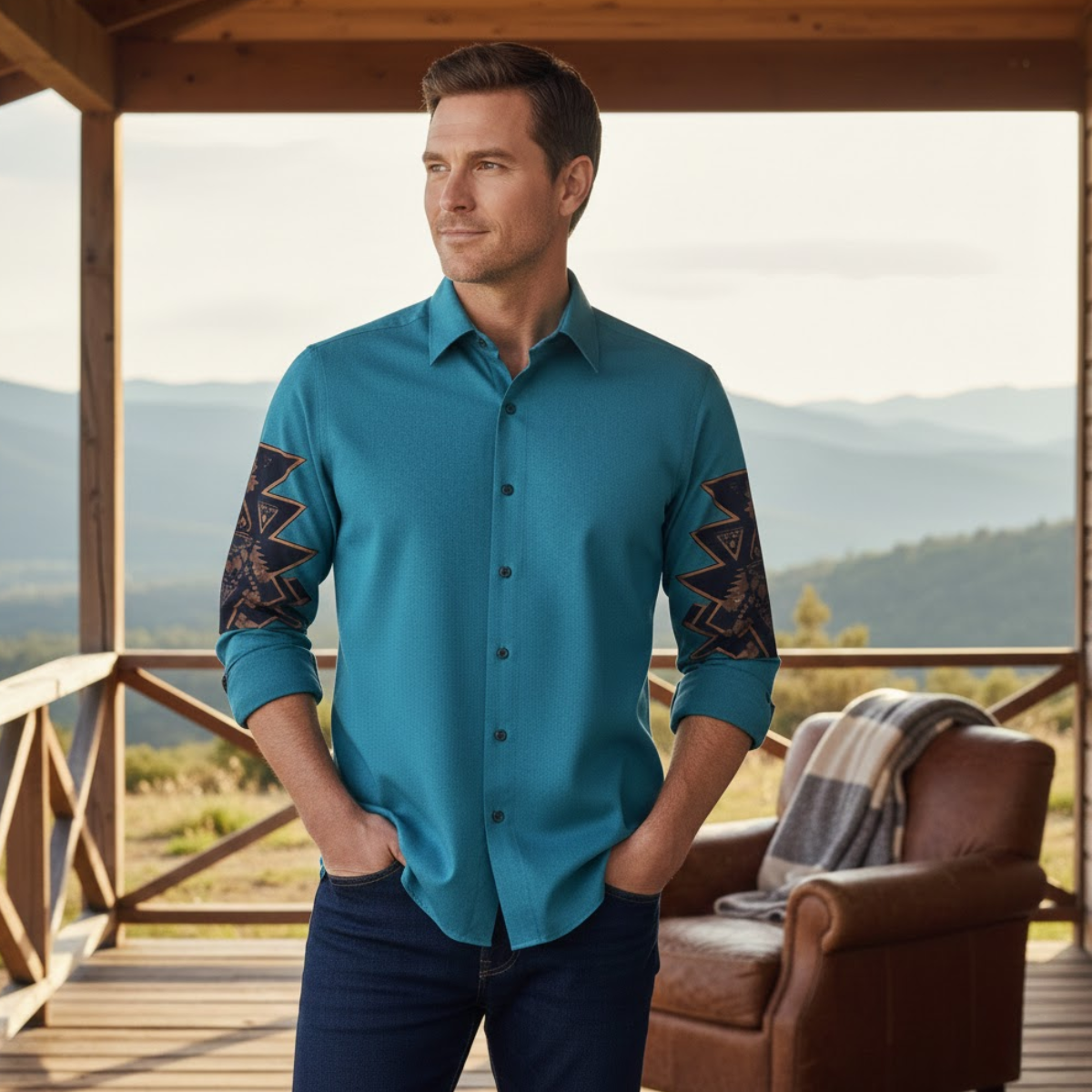 Wyatt | Men's Boho Button Up Shirt Teal Geometric Sleeves