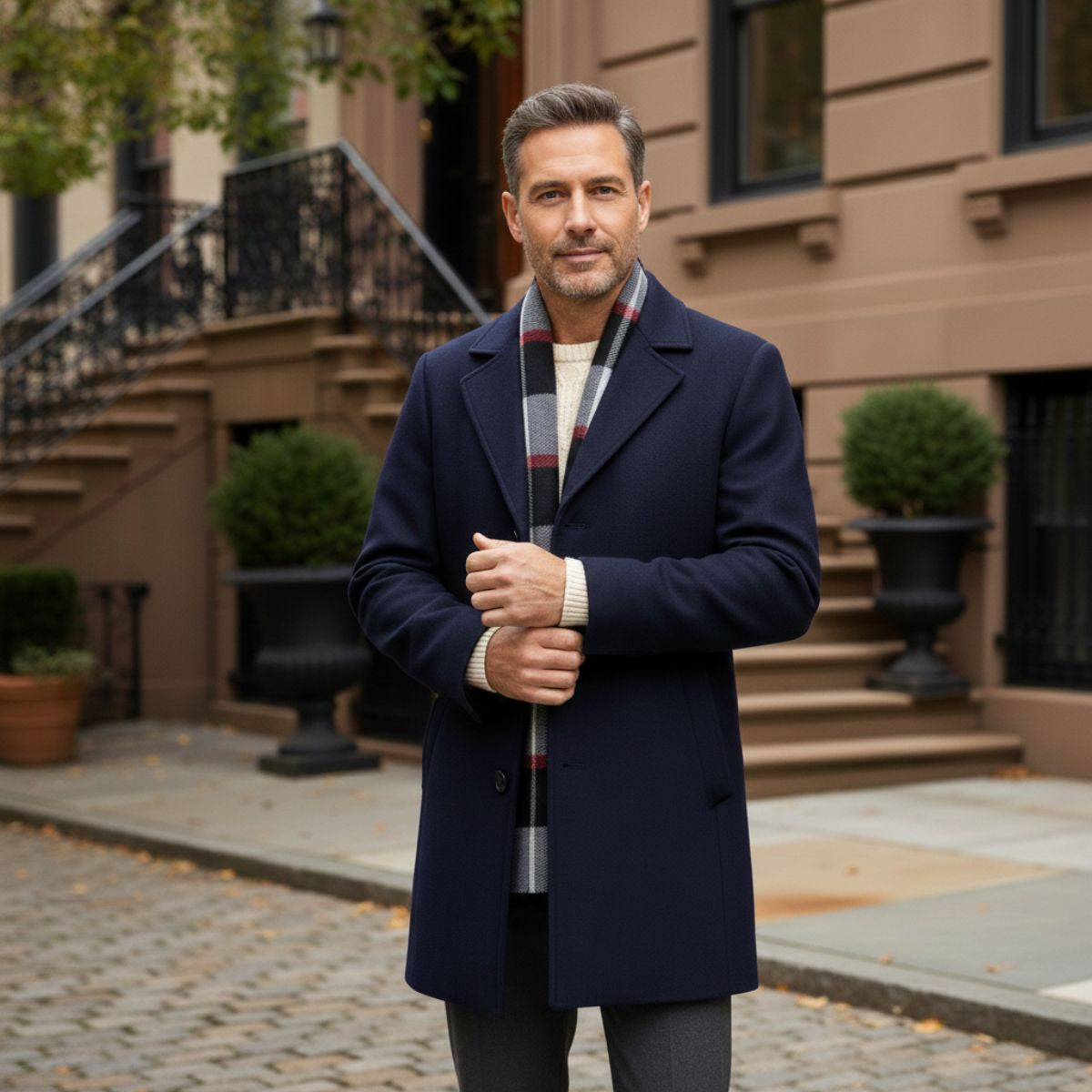 Callum | Men's Wool Overcoat Black With Striped Scarf Collar