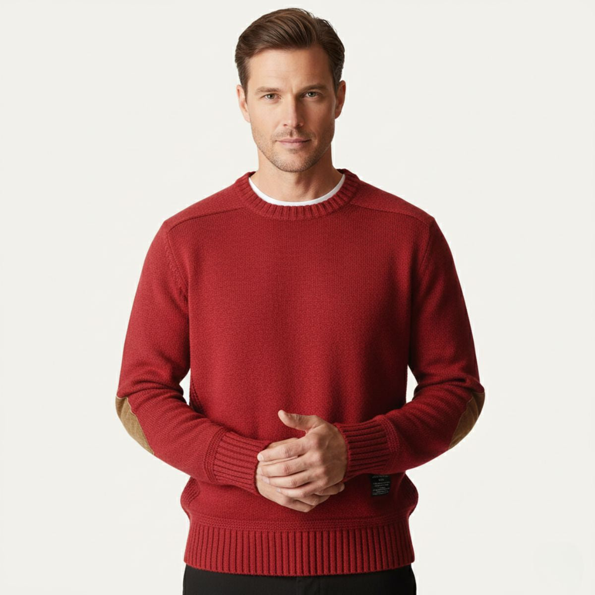 Beau | Men's Oversized Crew Neck Sweater Red Elbow Patches