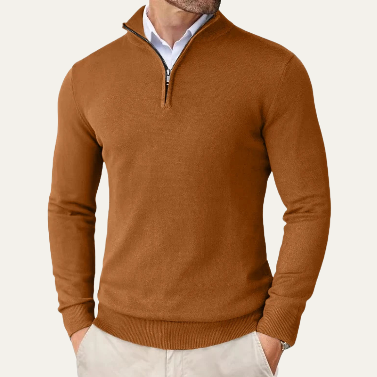 Bram | Men's Quarter Zip Sweater Camel Mock Neck Long Sleeve