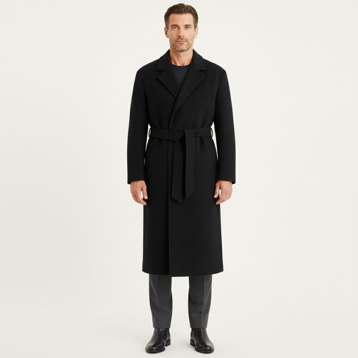 Callum | Men's Wool Overcoat Black Belted Long