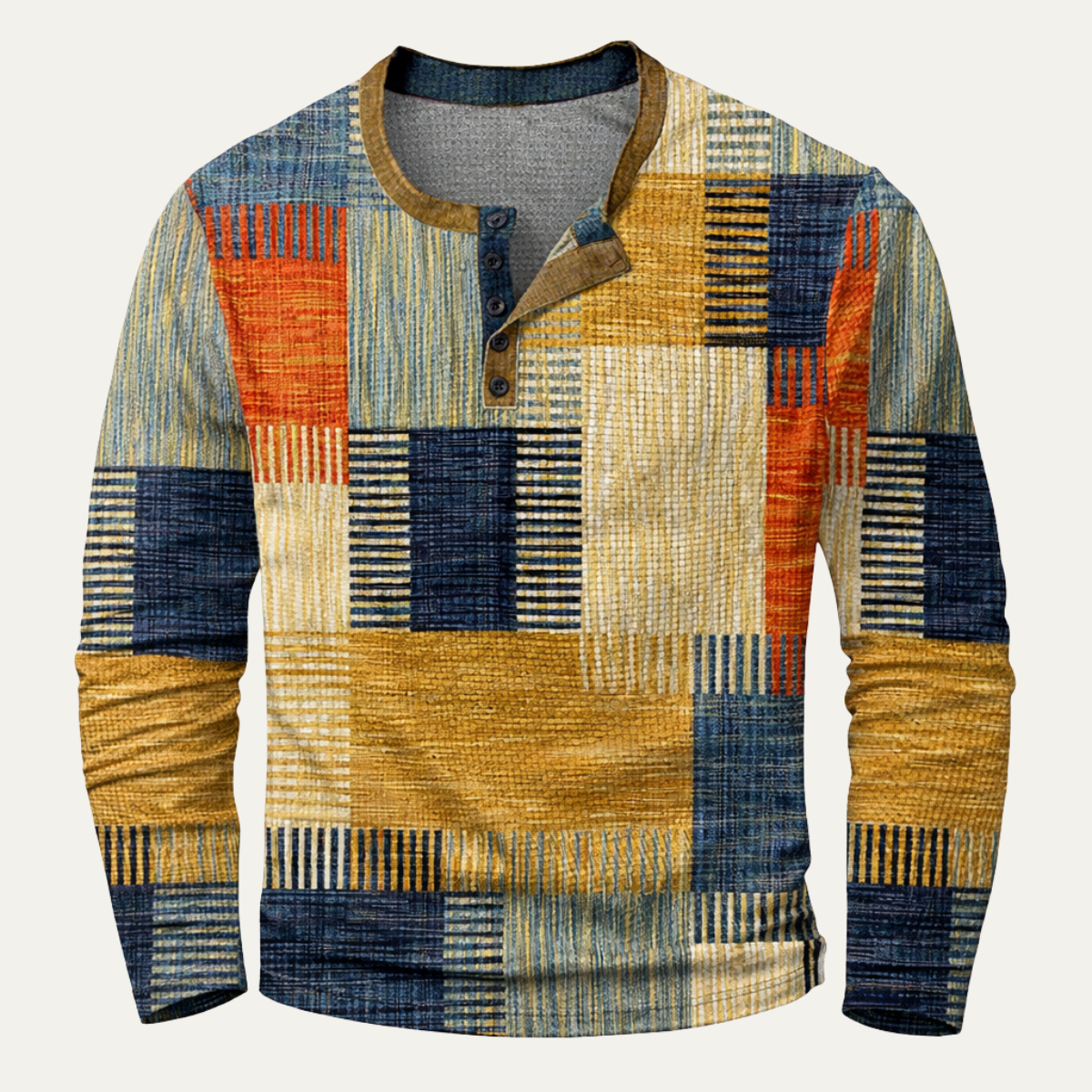 Sage | Men's Patchwork Henley Shirt Navy Gold Red