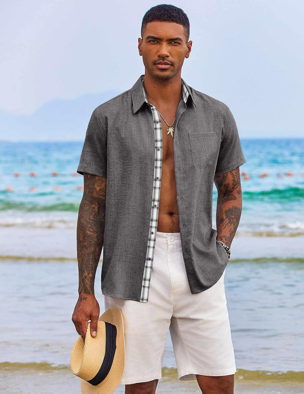Demi | Men's Linen Shirt Light Blue Short Sleeve Button Down