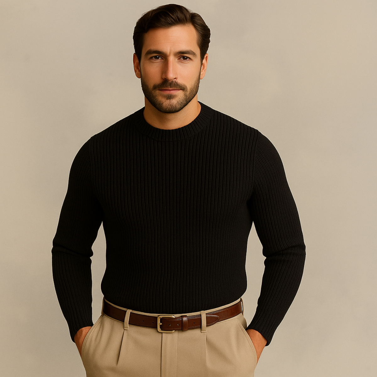 Ives | Men's Ribbed Crew Neck Sweater Brown Merino Wool