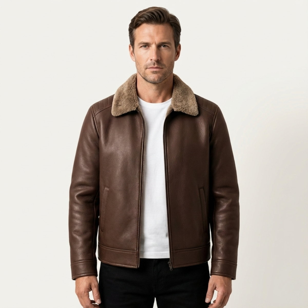 Blake | Men's Sherpa Lined Leather Jacket Brown
