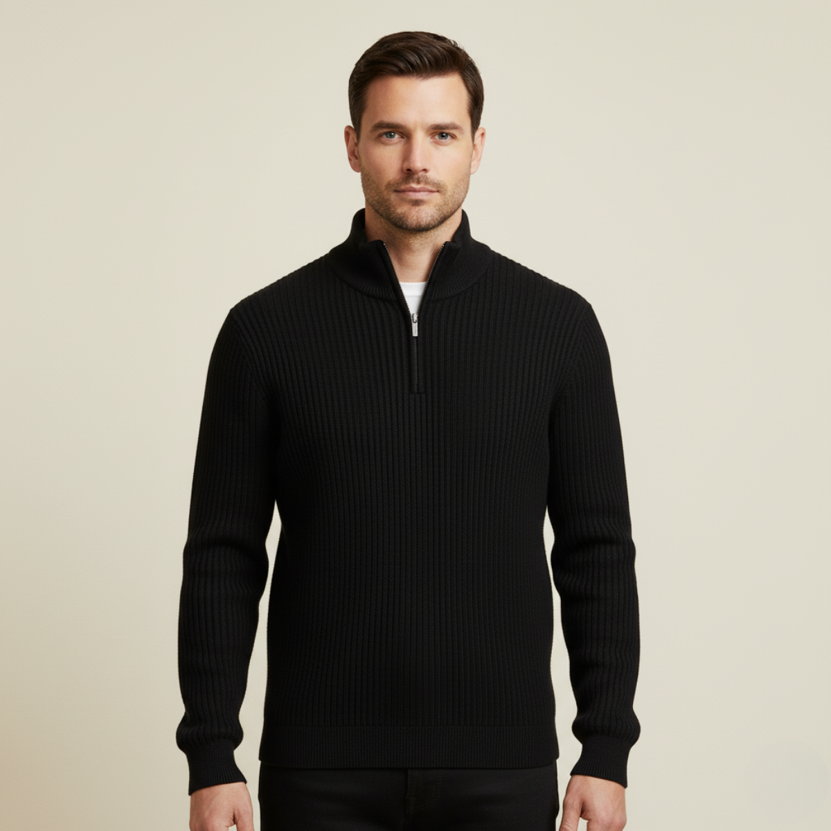 Wren | Men's Quarter Zip Sweater Black Ribbed Knit