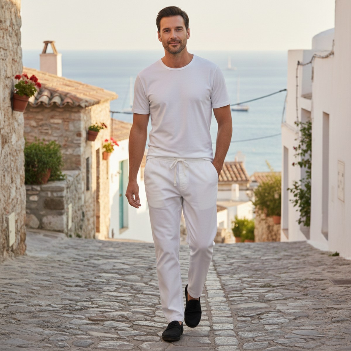 Axel | Men's Casual Loose Fit Linen Drawstring Pants White