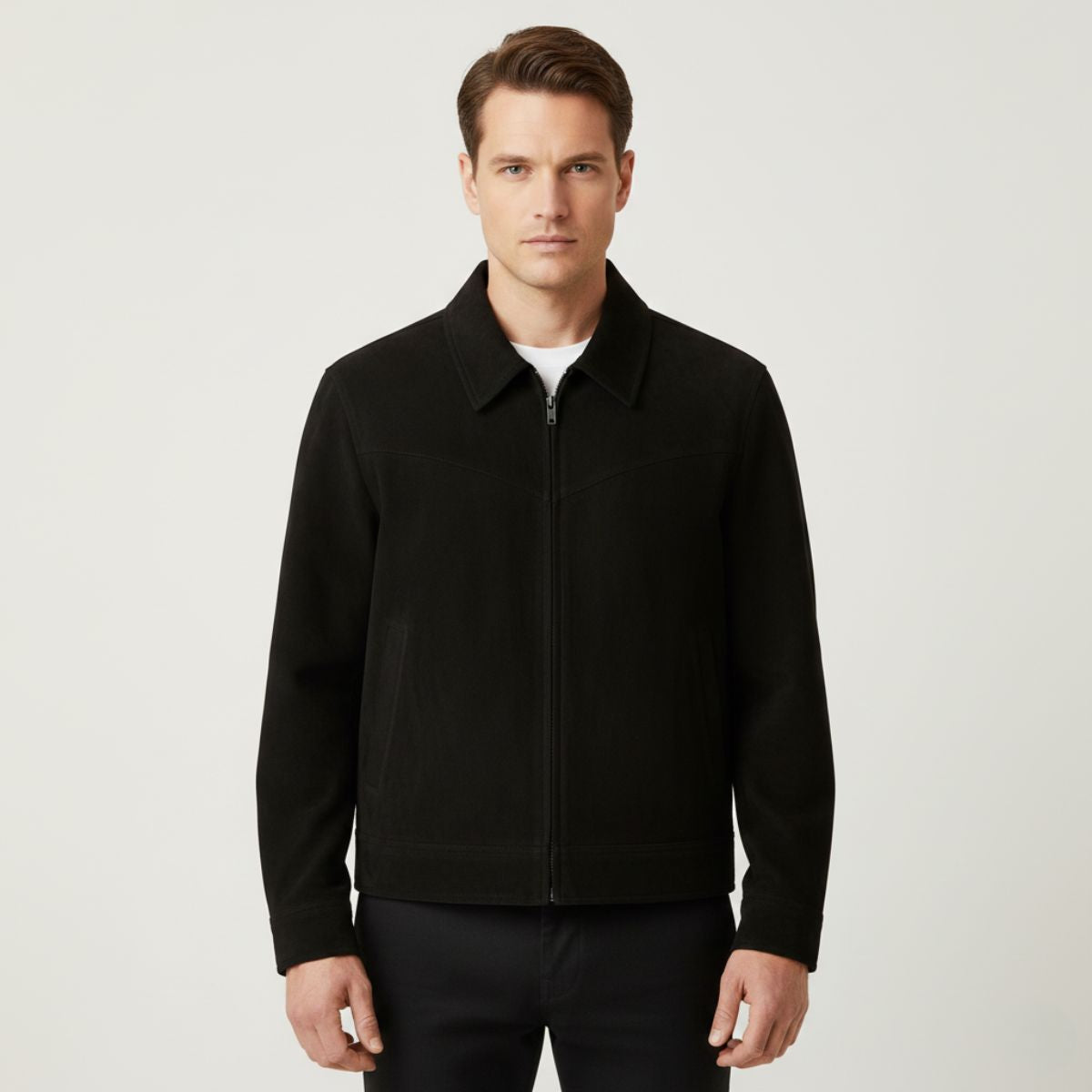 Axel | Men's Suede Leather Jacket Brown Collared Zip Up