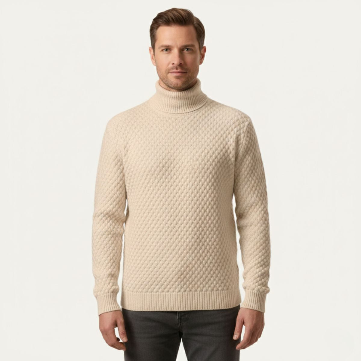 Ezra | Men's Turtleneck Cable Knit Sweater Cream