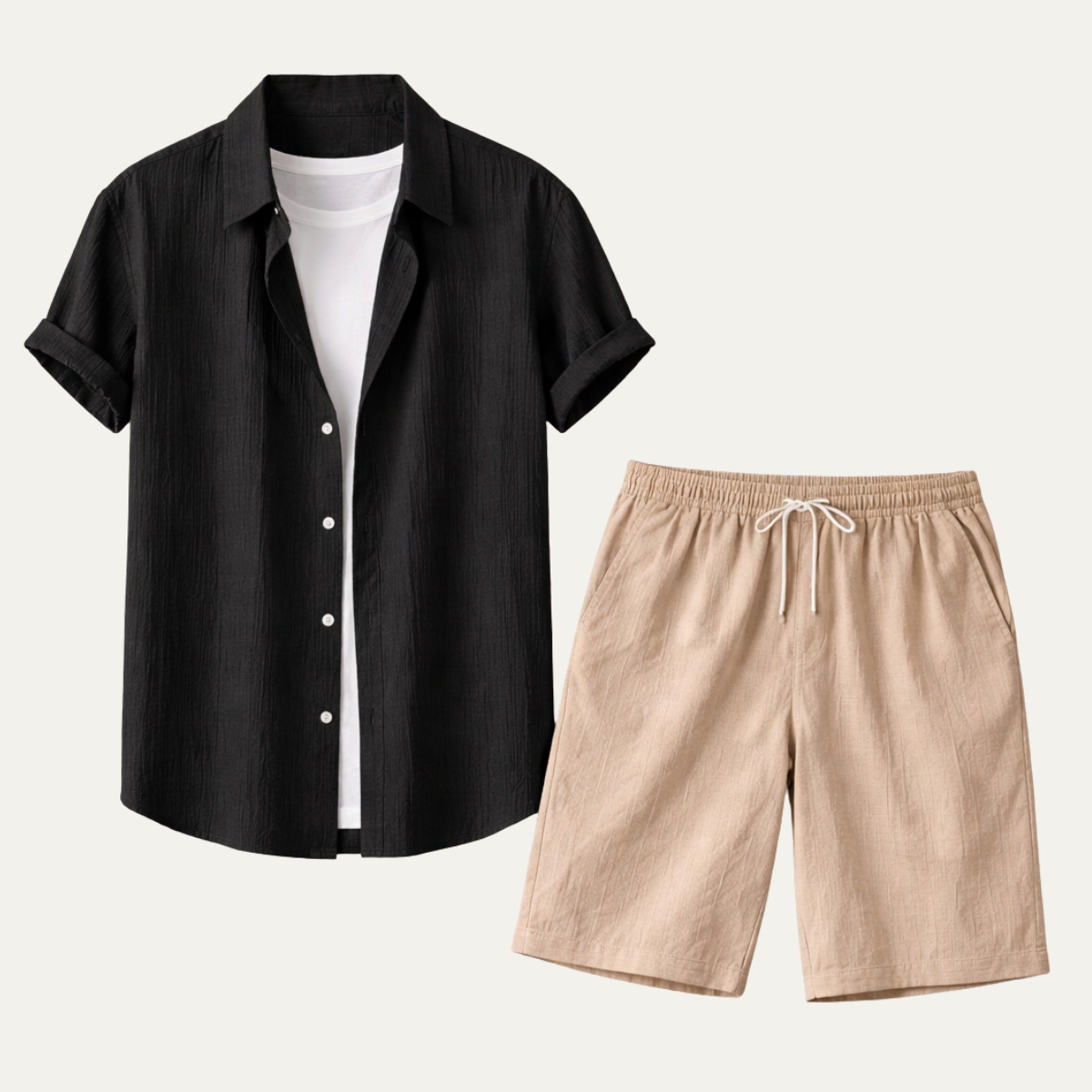 Lars | Men's Casual Linen Shirt Cream Drawstring Shorts Set Black