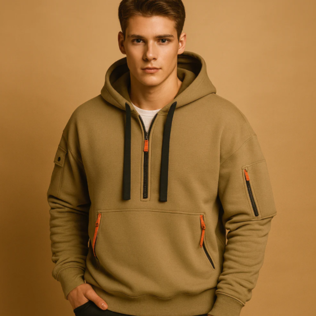 Beau | Men's Casual Half Zip Hoodie Navy Orange Zipper Pockets