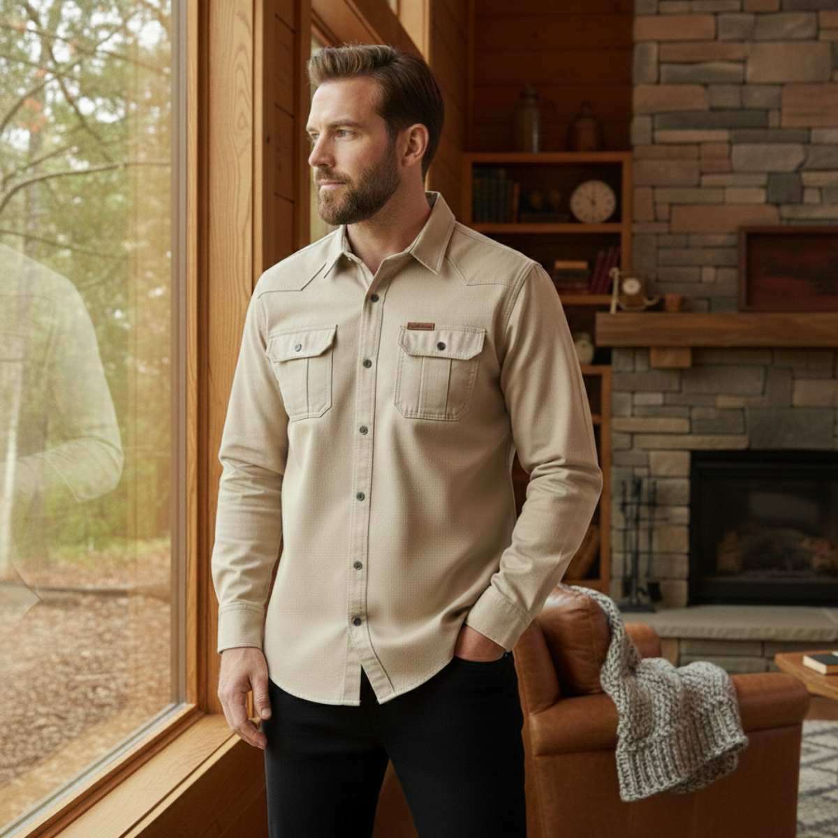 Eli | Men's Casual Denim Shirt Cream Long Sleeve Multi Pocket