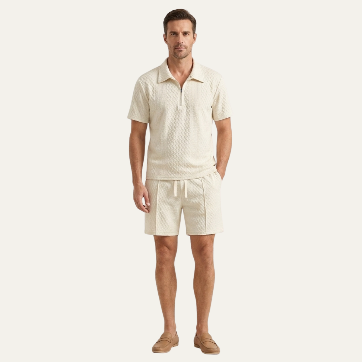 Royce | Men's Lounge Set Cream Short Sleeve Shirt Shorts