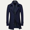 Dama Washington Axel men's navy wool blend trench coat lapel collar - front view