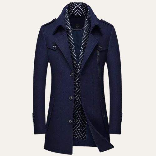 Dama Washington Axel men's navy wool blend trench coat lapel collar - front view