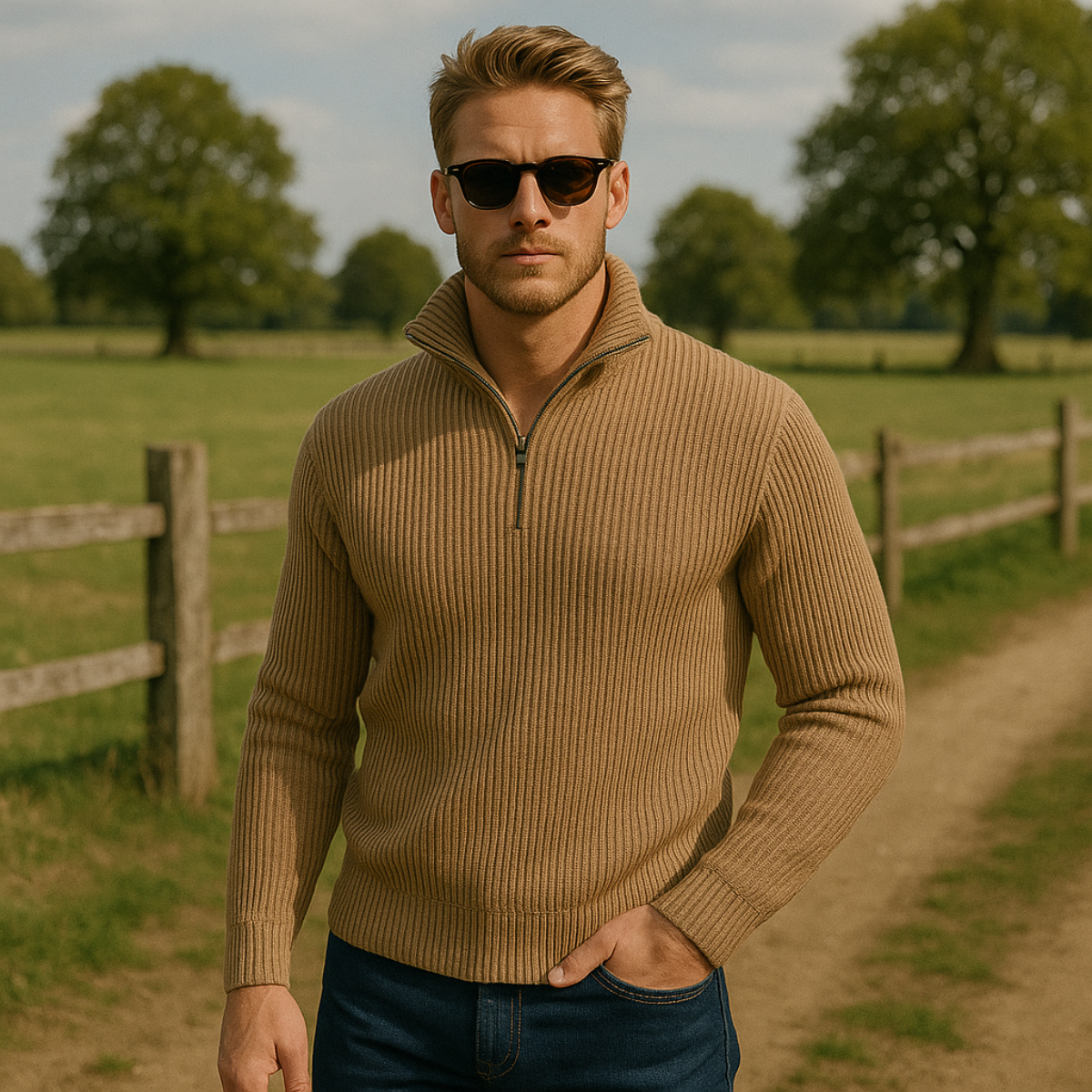 Greta | Men's Quarter Zip Sweater Beige Ribbed Knit