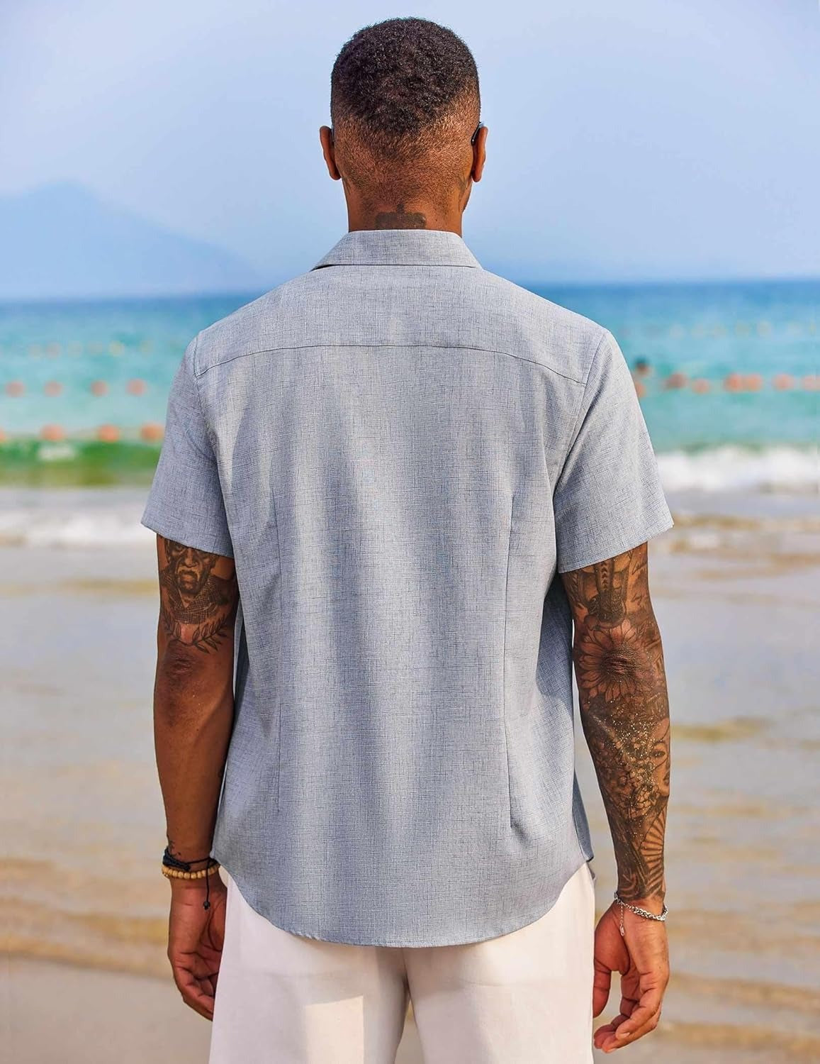 Demi | Men's Linen Shirt Light Blue Short Sleeve Button Down