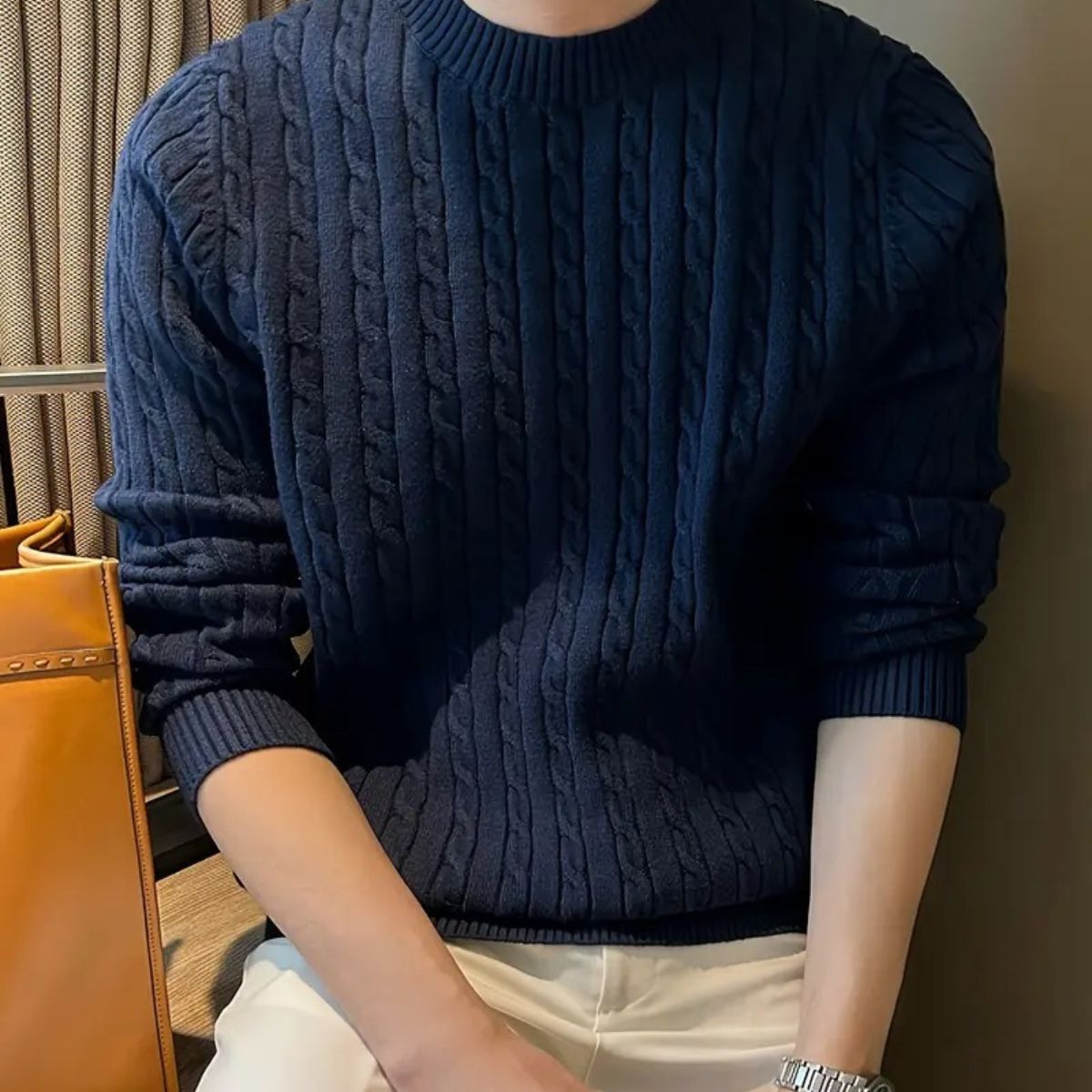 Sage | Men's Cable Knit Crew Neck Sweater Navy