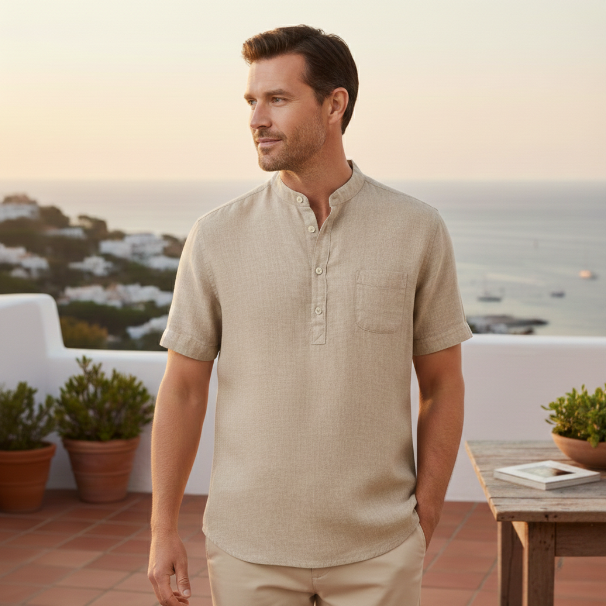 Ezra | Men's Linen Henley Shirt Cream Short Sleeve